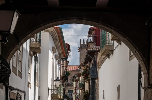 Carved balconies on traditional houses near the main square in Guimaraes