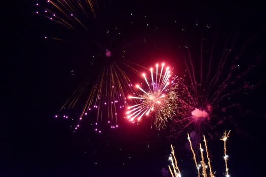 Festive salute in the night sky. Explosions of fireworks and pyrotechnics in the sky.