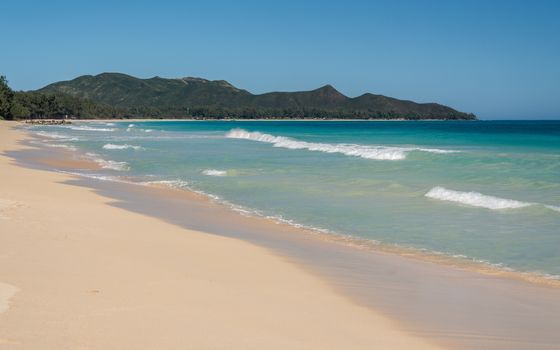 Wide and deserted idyllic sand at Sherwood Beach on the east coast of Oahu in Hawaii in winter