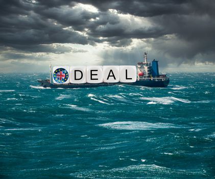 Global trading with container ship carrying Brexit deal concept for December 2020 if no trade deal with EU happens and no deal exit results