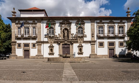 Guimaraes, Portugal - 18 August 2019: Courtyard and facade of the City or Town hall of Guimaraes in northern Portugal
