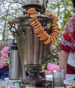 A samovar with bagels on the table. People's traditional festival.