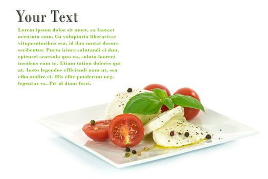 Delicacy of Italian cuisine - mozzarella cheese with basil leaves and baby tomatoes, flavored with olive oil and pepper, isolated on a white background with space for advertising text