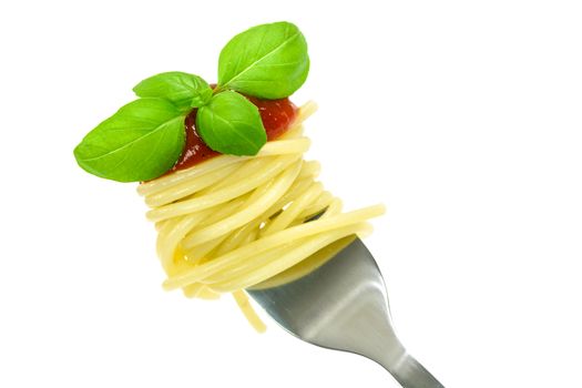 Spaghetti pasta with sauce and basil on a fork isolated on a white background