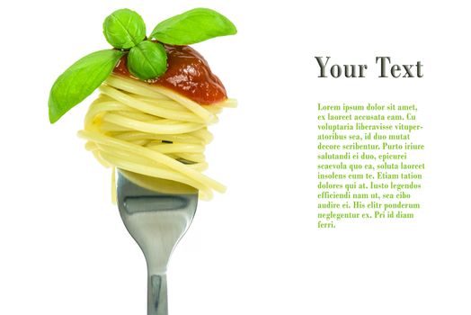 Spaghetti pasta with sauce and basil on a fork isolated on a white background with space for advertising text