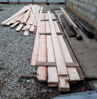 Boards with a sawmill. Building material from wood, boards for construction.