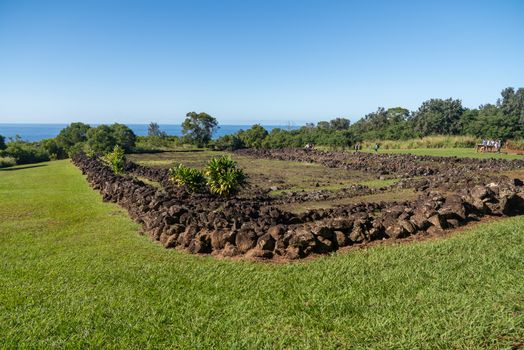 Stone walls and structure at the Pu'u O Mahuka Heiau historic site
