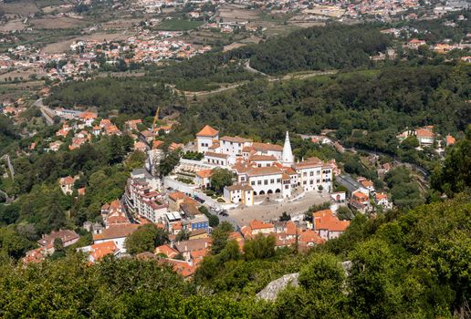 Aerial view of the town of Sintra and the National Palace from the walls of Moorish castle