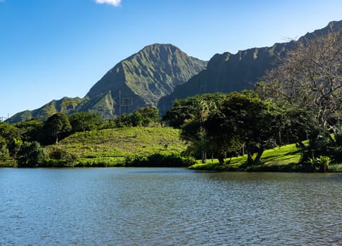 Steep tree covered mountain ridge rises above the Ho'omaluhia Botantical Gardens on Oahu