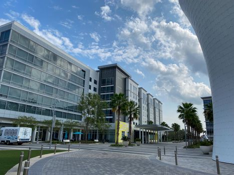 Orlando, FL/USA-4/10/20:  The exterior of a Marriott Courtyard and Residence Inn in Laureate Park Lake Nona Town Center in Orlando, Florida.