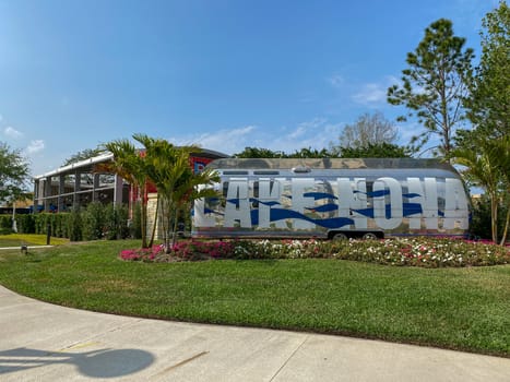 Orlando, FL/USA-4/10/20:  An Airstream Trailer that is painted with the words Lake Nona is the entrance to the Town Center at Lake Nona in Orlando, Florida.