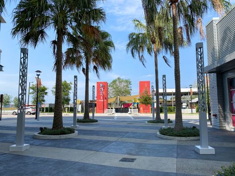 Orlando, FL/USA-4/10/20:  The exterior of Boxi Park a group of repurposed shipping containers that are grouped together to make up an outdoor restaurant, bar and entertainment venue in Lake Nona in Orlando, Florida.