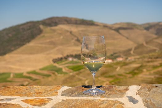 Glass of white wine for tasting above the hillsides of the Douro valley in Portugal