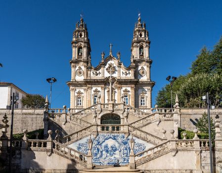 Statues adorn the baroque staircase to the Santuario de Nossa Senhora dos Remedios church