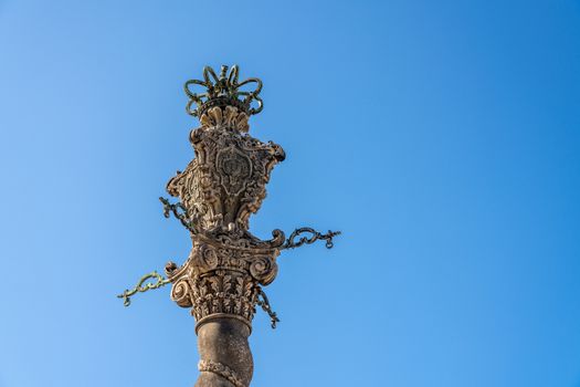 Detail of the ornate carving of the Pillory or Pelourinho by the Se of Oporto in Portugal
