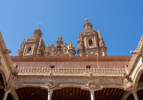 Ornate stone carvings on the Casa de la Conchas or shells around the courtyard with Clericia church in Salamanca