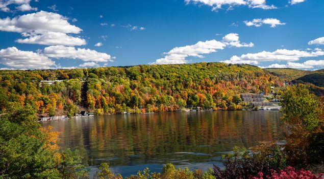 Panorama of the autumn fall colors surrounding Cheat Lake near Morgantown, West Virginia