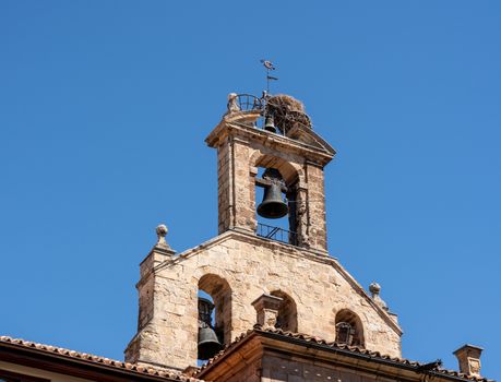 Stork's nest on the bell tower of St Martin's church in Salamanca