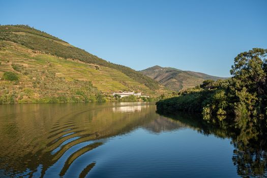 Whitewashed old Quinta or vineyard building on the banks of the River Douro in Portugal near Pinhao