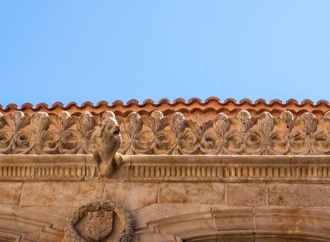 Ornate stone carvings on the roof and downspout at Casa de la Conchas or shells in Salamanca