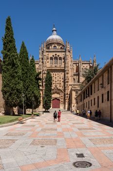 Exterior view of the side facade and dome of the New Cathedral in Salamanca
