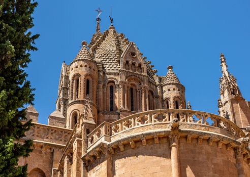 Ornate carvings and bell tower of the Old Cathedral in Salamanca