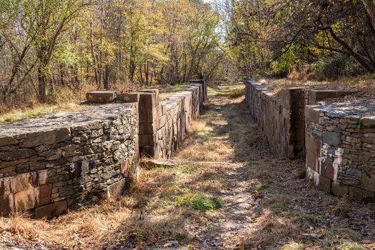 Old stone canal locks on the Patowmack canal bypassing Great Falls on the Potomac river