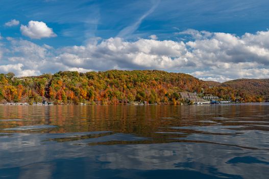 Panorama of the autumn fall colors surrounding Cheat Lake with artificial water surface near Morgantown, West Virginia