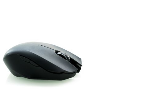 Wireless black computer mouse isolated on white background, sideview
