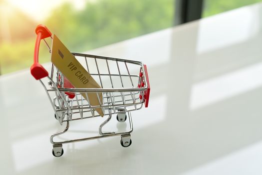 VIP credit card on shopping cart trolley on white table with green backgrounds