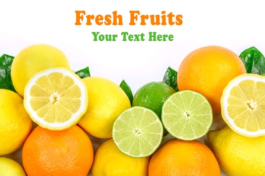 Overhead shot of different tropical fruits collection with space for advertising text.