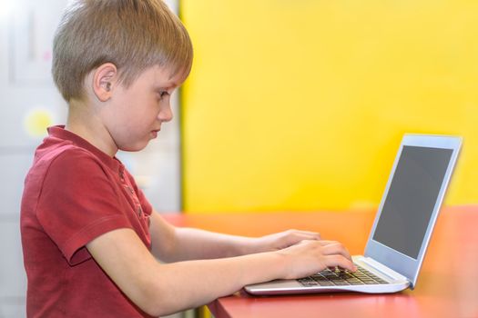 Blonde boy is sitting at a red desk and is working or playing on a silver laptop on a backgroud with a place for add text.