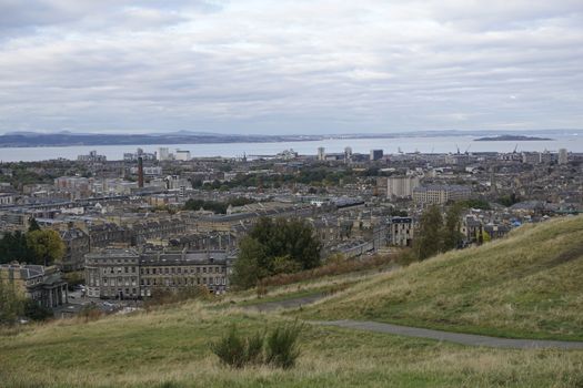 View over Edinburgh to the sea from Calton Hill