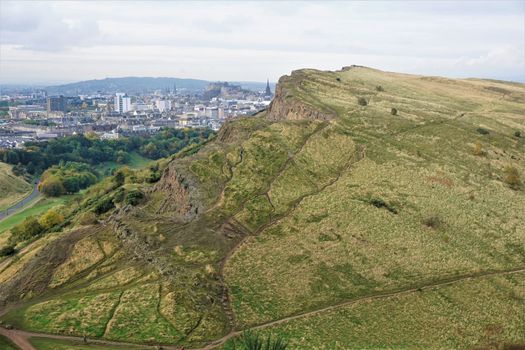 View from Arthur's seat over meadowbank to Edinburgh city and castle
