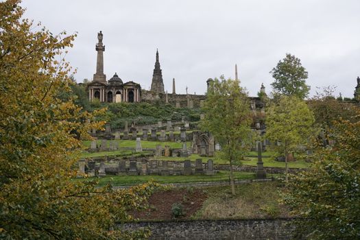 View over tombstones of The Necropolis in Glasgow