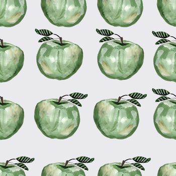 Geometric hand drawn seamless pattern with green apples. Repeated apple and leaves fruit background for design, fabric, print, textile, textile, wallpaper, posters.
