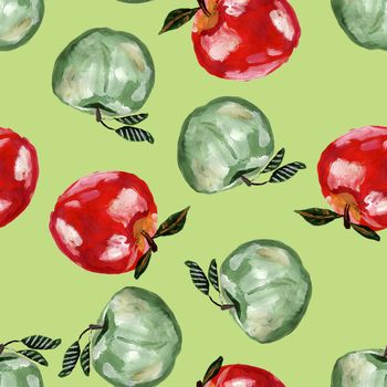 Seamless pattern with green and red apples. Repeated apple and leaves fruit background for design, fabric, print, textile, textile, wallpaper, posters.