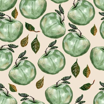 Seamless pattern with green apples. Repeated apple and leaves fruit background for design, fabric, print, textile, textile, wallpaper, posters.