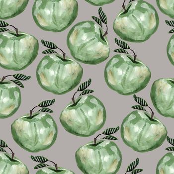 Hand drawn seamless pattern with green apples. Repeated apple and leaves fruit background for design, fabric, print, textile, textile, wallpaper, posters.