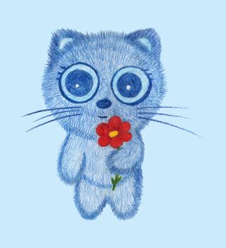 Cat with red flower drawn with colored pencils. Hand-drawn cute kid illustration. Card with blue cat with big eyes on blue background for prints.