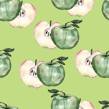 Hand drawn seamless pattern with green apples and slices of apples. Repeated apple and leaves fruit background for design, fabric, print, textile, textile, wallpaper, posters.