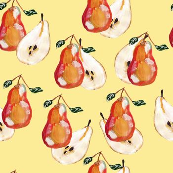 Pears and leaves seamless pattern. Yellow pear hand drawn style repeat illustration for print, textile, fabric, textile, wallpaper, posters.