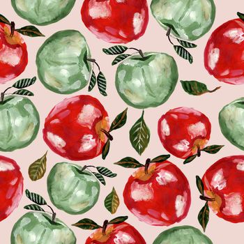Hand drawn seamless pattern with apples and leaves. Repeated apple and leaves Food background for design, fabric, print, textile, textile, wallpaper, posters.