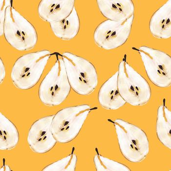 Sliced pears with seeds seamless pattern. Yellow pear hand drawn style repeat illustration for print, textile, fabric, textile, wallpaper, posters.