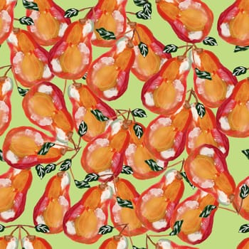 Ripe pears and leaves seamless pattern. Yellow pear hand drawn style repeat illustration for print, textile, fabric, textile, wallpaper, posters.