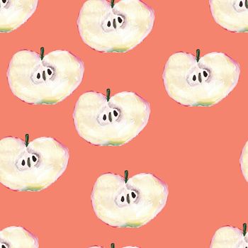 Hand drawn seamless pattern with sliced apples. Repeated apple and leaves fruit background for design, fabric, print, textile, textile, wallpaper, posters.