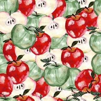 Green, red and sliced apples seamless pattern. Repeated apple and leaves fruit background for design, fabric, print, textile, textile, wallpaper, posters.