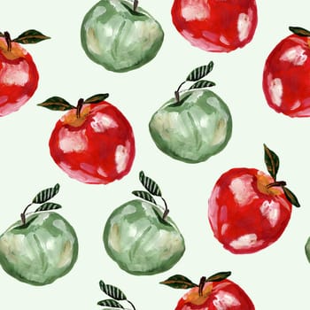 Hand drawn seamless pattern with red and green apples. Repeated apple and leaves Food background for design, fabric, print, textile, textile, wallpaper, posters.