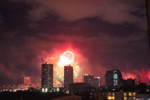 Gorgeous fireworks over Bangkok in Thailand celebrating New Years Eve.