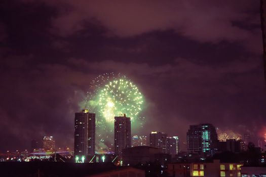 Gorgeous fireworks over Bangkok in Thailand celebrating New Years Eve.